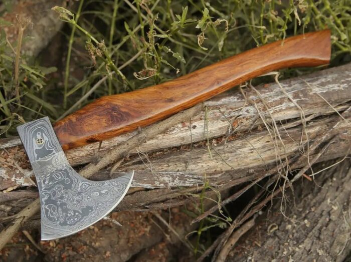 Damascus Viking Axe, Damascus Steel Axe With Leather Sheath, Darkwood Handle Axe, Viking Hatchet, Camp Axe