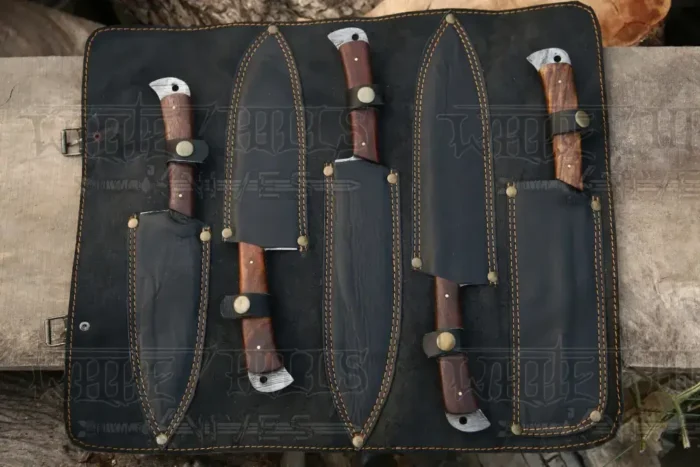 The Black Rose | Damascus 5 Piece Chef Knife Set & Leather Roll