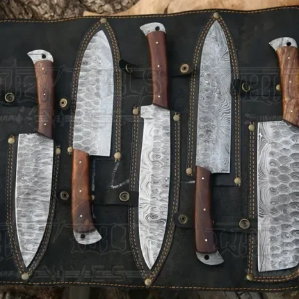 The Black Rose | Damascus 5 Piece Chef Knife Set & Leather Roll