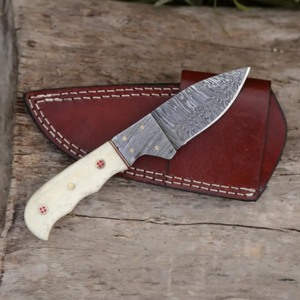 7.25” Hand Forged Damascus Steel Full Tang Skinner Knife - Camel Bone Handle