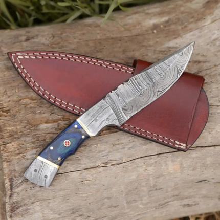 8.5” Hand Forged Damascus Steel Full Tang Skinner Knife - Colored Wood Handle - H 019