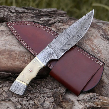 8.5” Hand Forged Damascus Steel Full Tang Skinner Knife - Camel Bone Handle - H-017