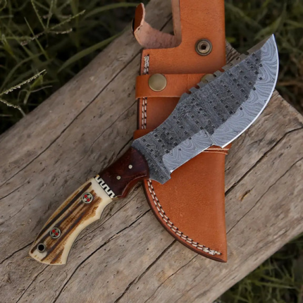 HANDMADE FORGED DAMASCUS BUSHCRAFT TRACKER KNIFE FULL TANG - Stag Antler & Wood Handle