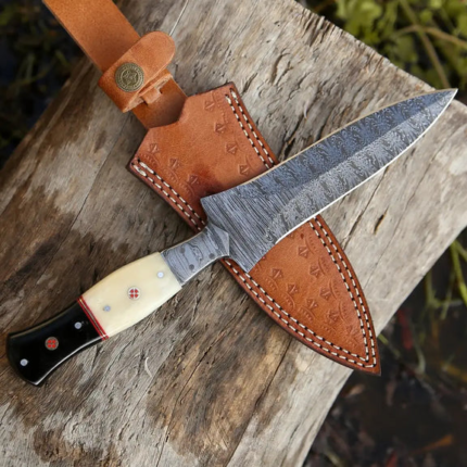 Hand Forged Damascus Steel Hunting Boot Knife With Damascus Bolster - Bull Horn & Bone Handle