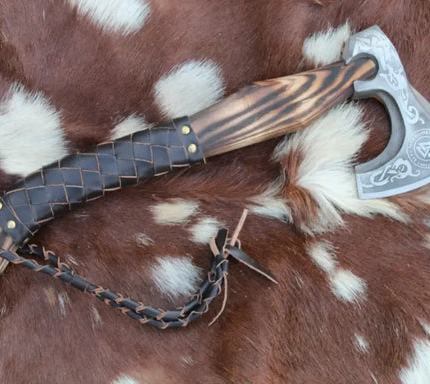 Custom Forged Carbon Steel Viking Axe with Dark Wood Shaft