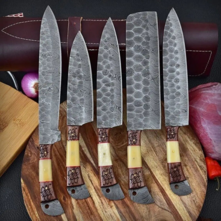 5 Pieces Custom Handmade Damascus Steel Chef Set