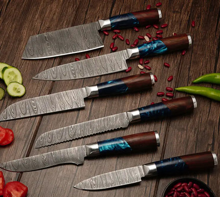 Handmade Damascus Chef Knife Set, 6 Pieces Damascus Steel Chef Knife Set, Kitchen Knife Set with Leather Cover - Rosewood & Resin Handle