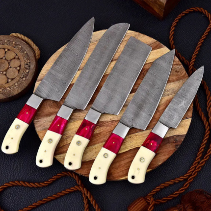 Custom Hand Made Forged Damascus Chef Knife Set Steel Bolster With Bone & Stained Wood Handle WH 3624