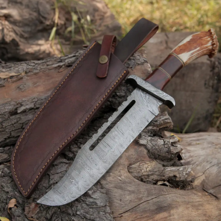 Handmade Forged Damascus Steel Hunting Bowie Rambo Knife With Deer Stag Antler Handle WH 44H