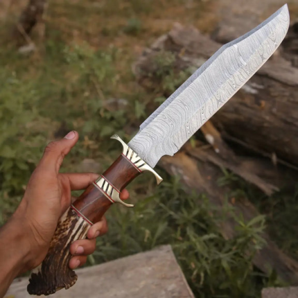 Handmade Forged Damascus Steel Hunting Bowie Rambo Knife with Deer Crown Stag Handle