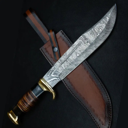 Edc Bowie Knife- Damascus Steel EDC 15”bowie knife rambo with Leather Roll & Buffalo Horn Handle