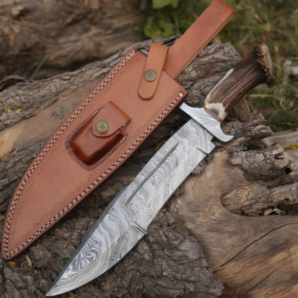 Handmade Forged Damascus Steel Hunting Bowie Rambo Knife With Deer Stag Antler Handle WH 4410