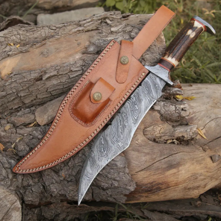 Handmade Damascus Steel Hunting Bowie Fix Blade Knife With Stag Antler Handle WH 4422