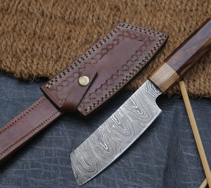 11" Handmade Santoku Damascus Chef Knife Olive Wood & Dark wood Handle with Leather Sheath