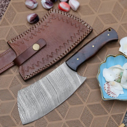 10" Damascus Chef Meat Cleaver with Dark Wood Handle & Leather Sheath, Damascus Steel Cleaver Chopper