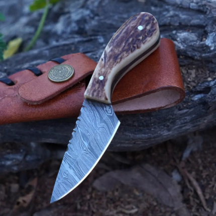 Handmade Damascus Steel Knife - Stag Antler Handle - 5" Full Tang Hunting & Camping Knife - SK-031