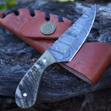 Handmade Damascus Steel Knife - Ram Horn Handle - 5" Full Tang Hunting & Camping Knife - SK-030