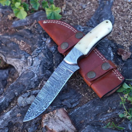 Handmade Damascus Steel Hunting Knife with Damascus Bolster & Camel Bone Handle